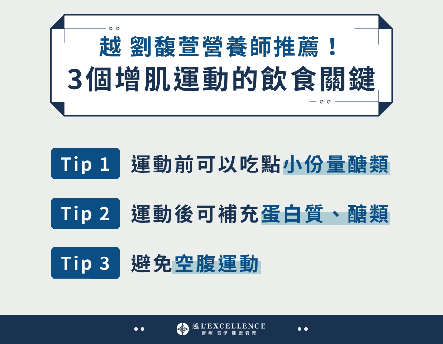 越L’EXCELLENCE劉馥萱營養師推薦!3個增肌運動的飲食關鍵 Tip 1:運動前可以吃點小份量醣類 Tip 2:運動後可補充蛋白質、醣類 Tip 3:避免空腹運動