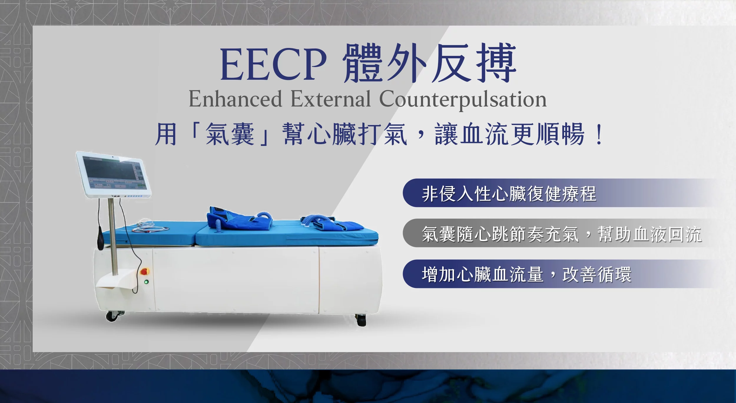 EECP、體外反搏、心臟復健、心絞痛改善、非侵入性心血管治療、血液循環療程、冠狀動脈輔助治療、促進血管新生 越診所02